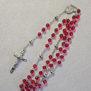 Elegant Sterling Silver Rosary Red Czech Glass Beads